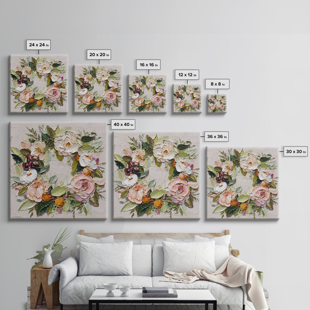 Botanical Wreath with Leaves Berries and Flowers Canvas Print, Botanical Art, Boho Wall Art, Living Room Decor, Botanic, BOT-1x1-24
