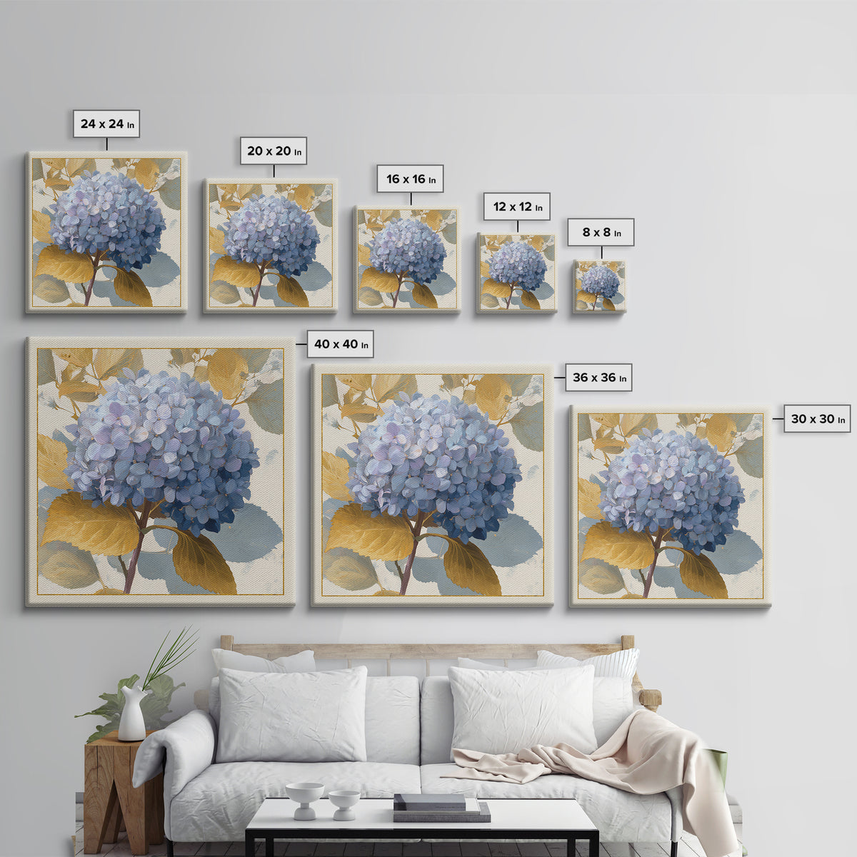 Blue Hydrangea Cluster Framed Canvas Print, Botanical Art, Modern Wall Art, Living Room Decor, Fine Art, Botanic, BOT-1x1-42