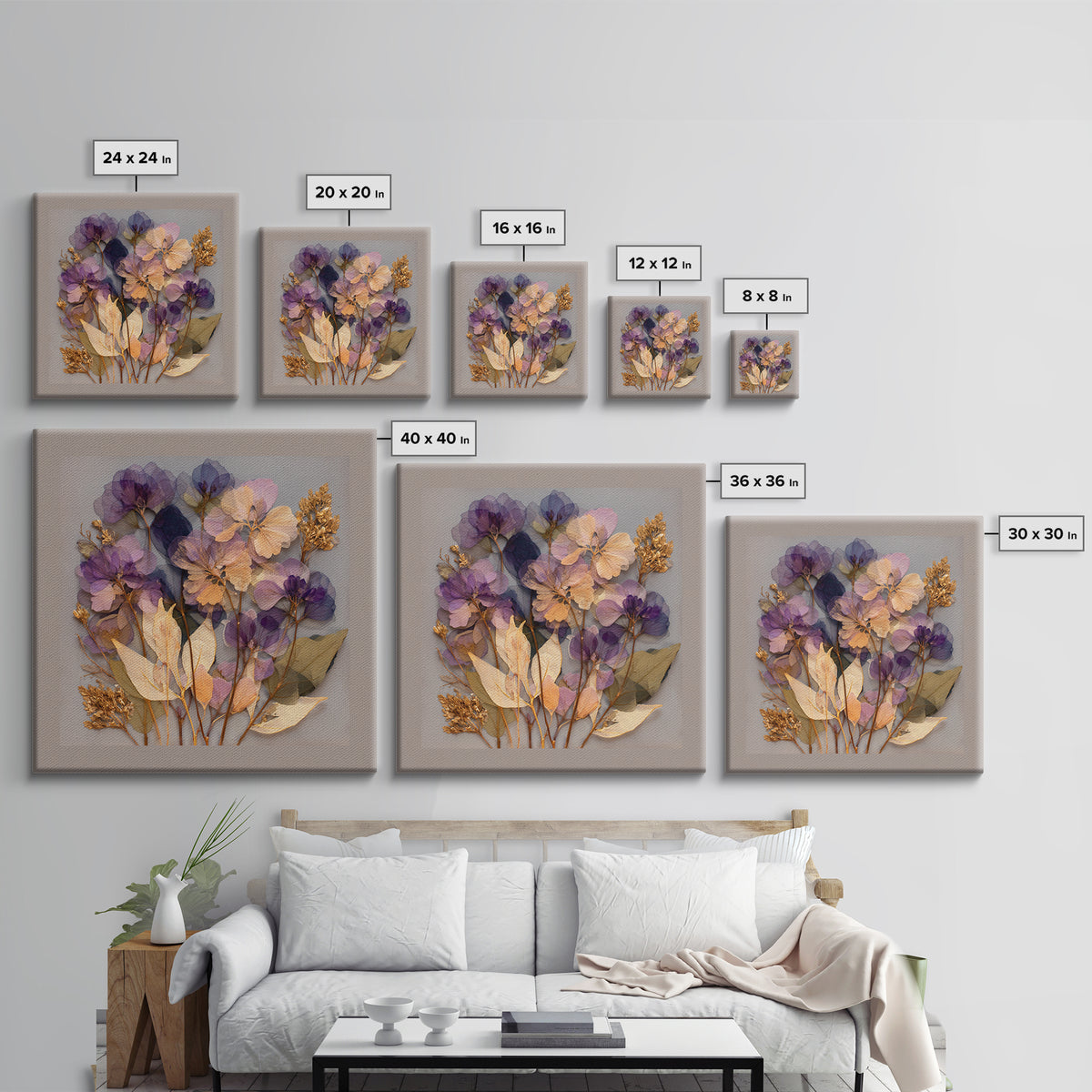 Pressed Flower Collage Framed Canvas Print, Botanical Art, Digital Print, Living Room Decor, Watercolor Art, Botanic, BOT-1x1-52