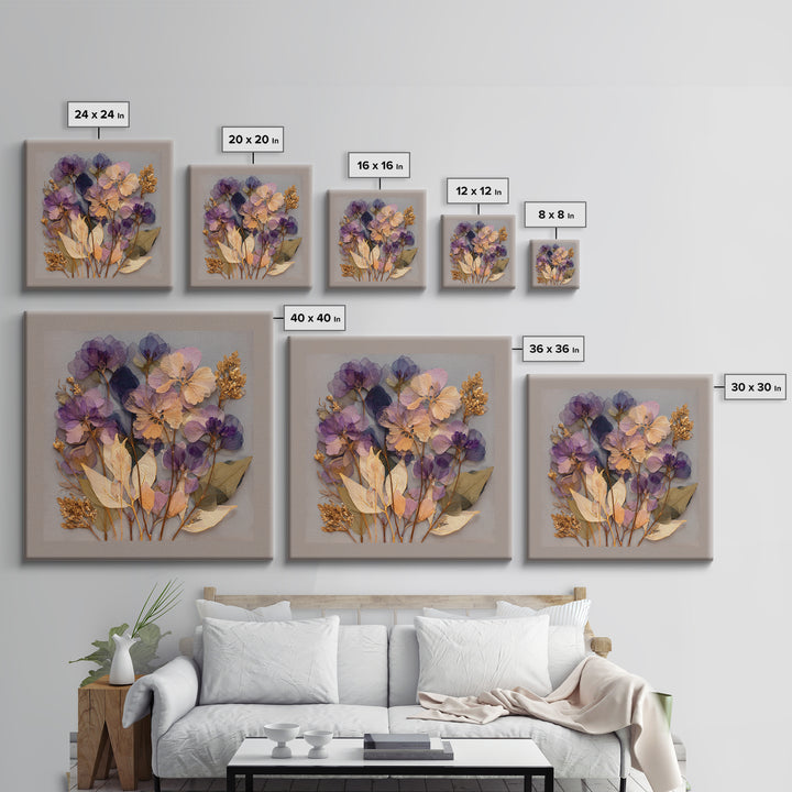 Pressed Flower Collage Framed Canvas Print, Botanical Art, Digital Print, Living Room Decor, Watercolor Art, Botanic, BOT-1x1-52