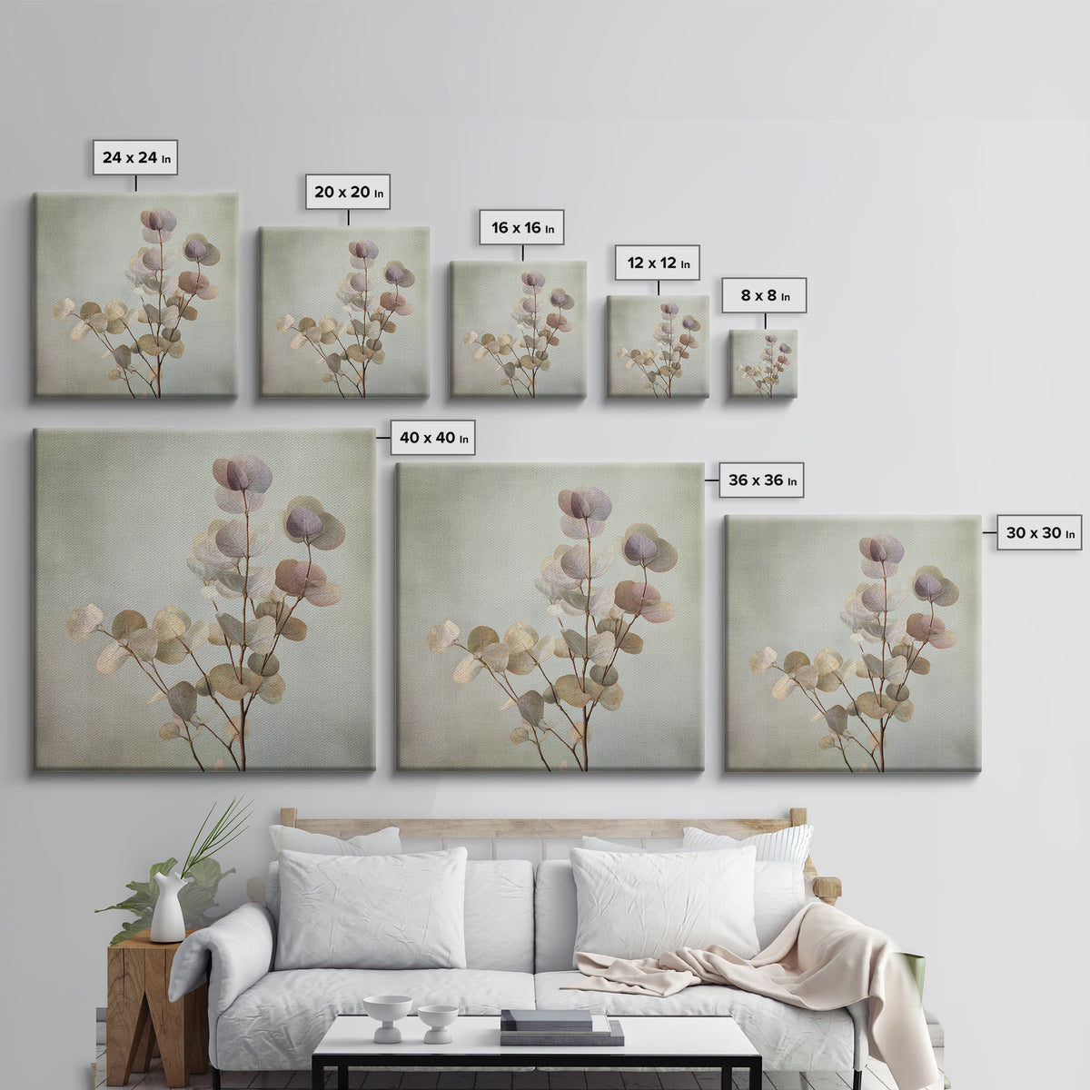 Eucalyptus Stems in Soft Sage Tones Canvas Print, Botanical Art, Gallery Decor, Living Room Decor, Fine Art, Botanic, BOT-1x1-59