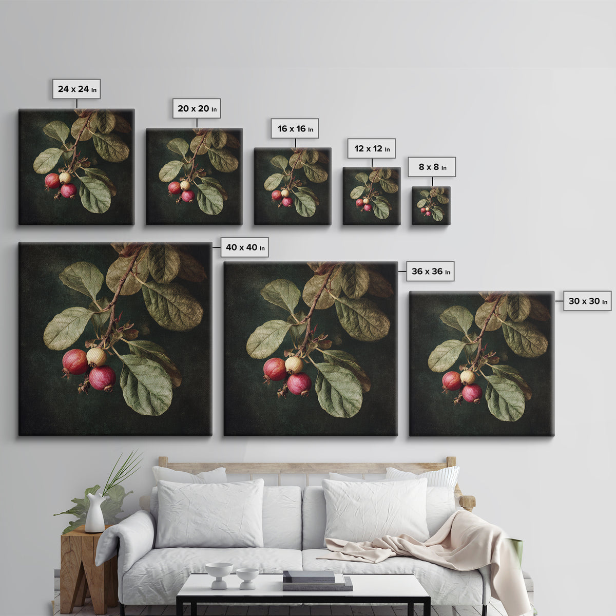 Fig Branch with Fruit and Broad Leaves Framed Canvas Print, Botanical Art, Neutral Decor, Living Room Decor, Oil Painting, BOT-1x1-63