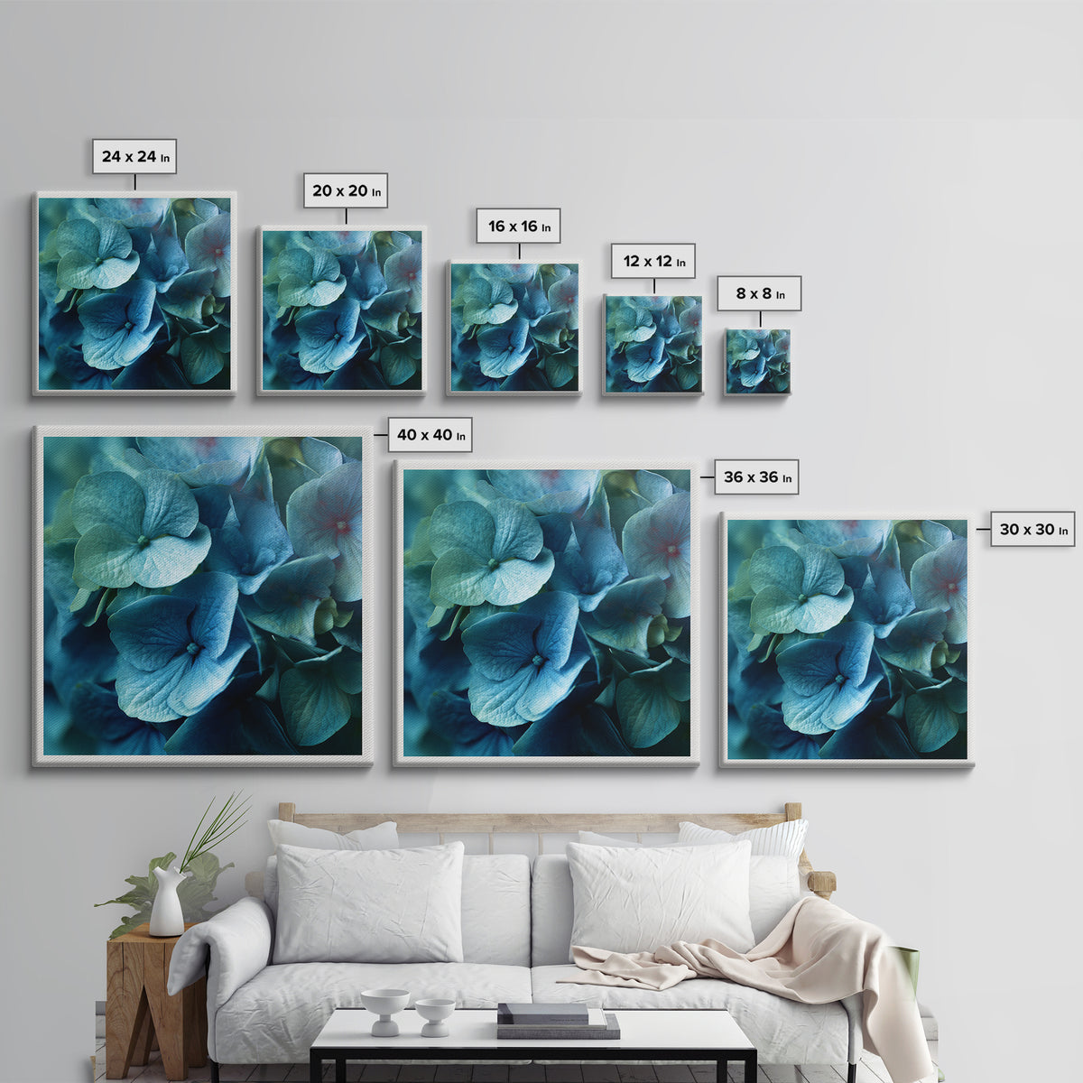 Blue Hydrangea Cluster Framed Canvas Print, Botanical Art, Modern Wall Art, Living Room Decor, Fine Art, Botanic, BOT-1x1-66