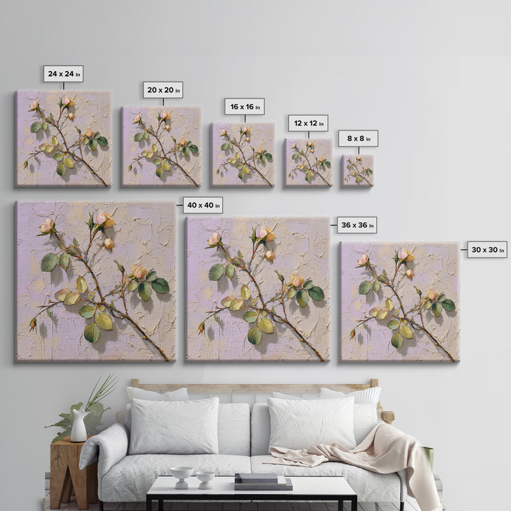 Wild Rose Branch Framed Canvas Print, Botanical Art, Sage Green Wall Art, Living Room Decor, Oil Painting, Botanic, BOT-1x1-70