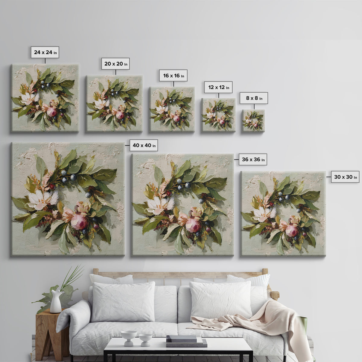Botanical Wreath with Leaves Berries and Flowers Framed Canvas Print, Botanical Art, Art Print, Living Room Decor, Botanic, BOT-1x1-96