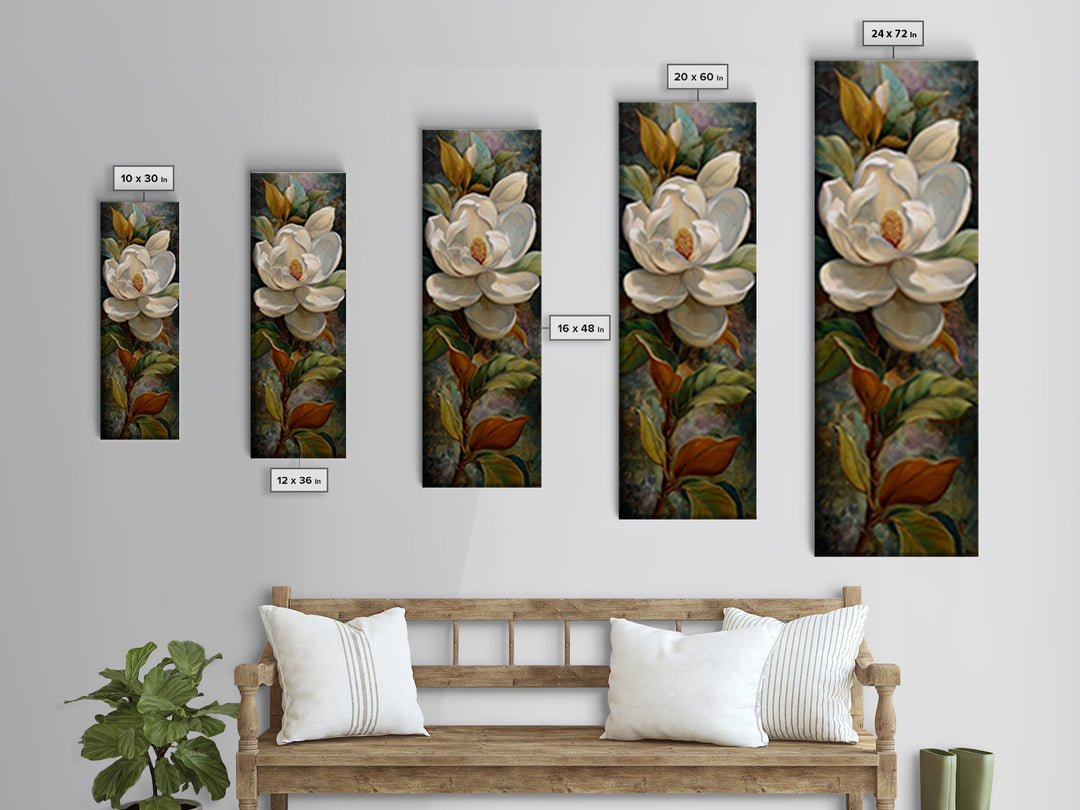 Dramatic White Magnolia on Dark Background Canvas Print, Botanical Art, Neutral Decor, Living Room Decor, Oil Painting, Botanic, BOT-1x3-18