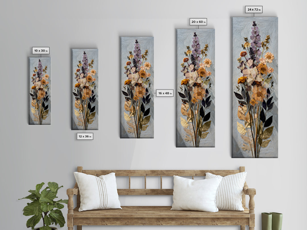 Pressed Flower Collage Canvas Print, Botanical Art, Digital Wall Art, Living Room Decor, Oil Painting, Botanic, BOT-1x3-40