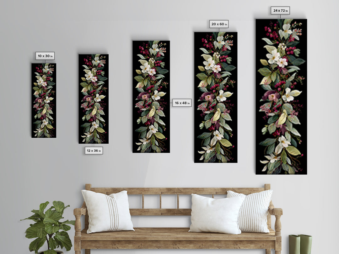 Botanical Wreath with Leaves Berries and Flowers Canvas Print, Botanical Art, Oil Painting, Living Room Decor, Botanic, BOT-1x3-60