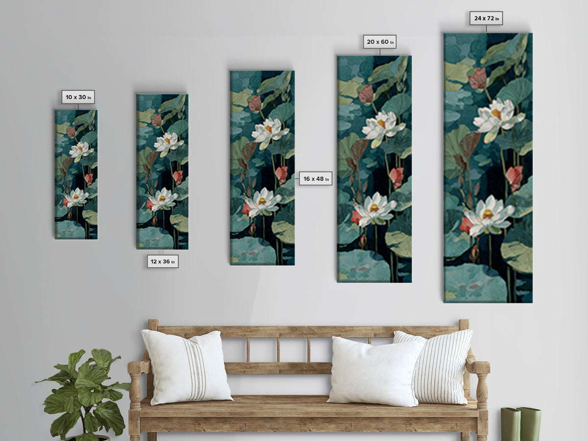 Lotus Flower and Lily Pads on Still Framed Canvas Print, Botanical Art, Sage Green Wall Art, Living Room Decor, Oil Painting, BOT-1x3-79
