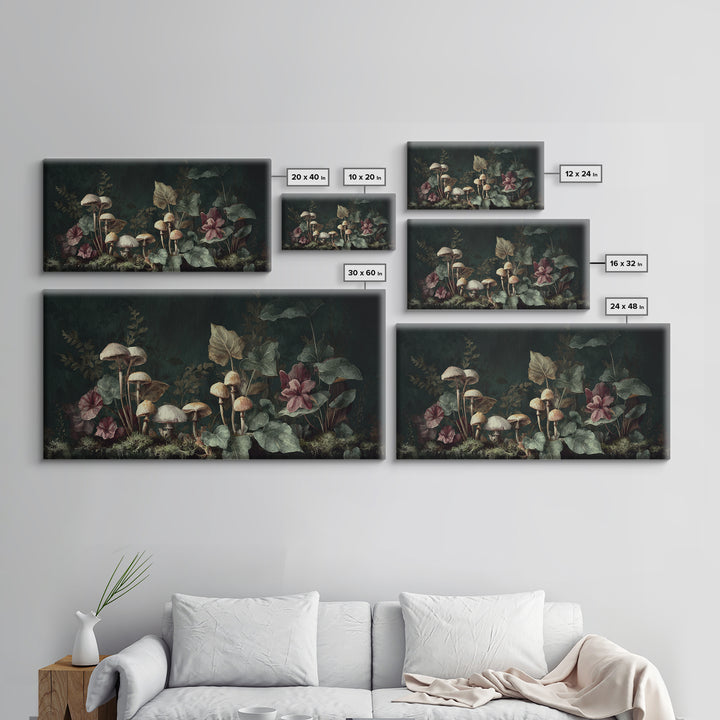 Mushrooms and Moss Botanical Field Study Framed Canvas Print, Botanical Art, Living Room Decor, Watercolor Art, Botanic, BOT-2x1-29