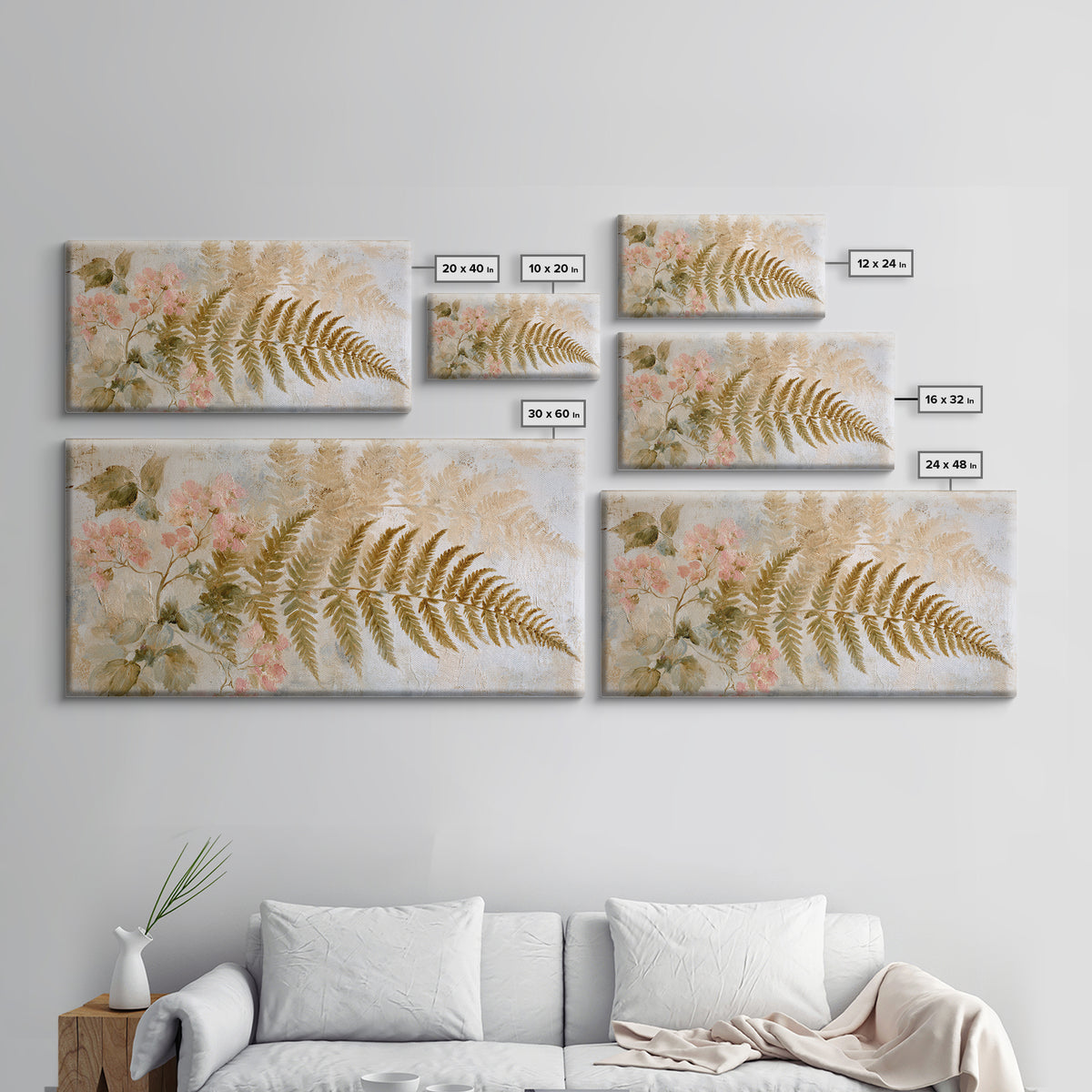 Fern Shadow Pattern on Plaster Surface Framed Canvas Print, Botanical Art, Living Room Decor, Oil Painting, Botanic, BOT-2x1-43