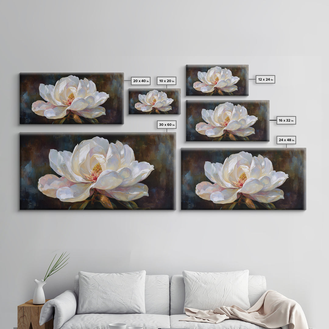 Dramatic White Magnolia on Dark Background Framed Canvas Print, Botanical Art, Art, Living Room Decor, Oil Painting, Botanic, BOT-2x1-50