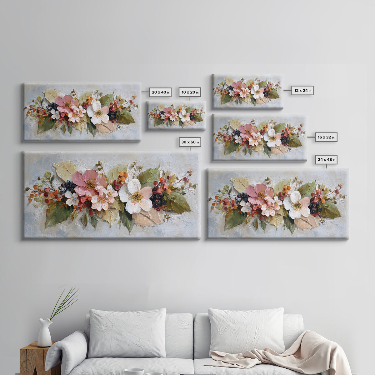 Botanical Wreath with Leaves Berries and Flowers Canvas Print, Botanical Art, Wall Art Prints, Living Room Decor, Botanic, BOT-2x1-68