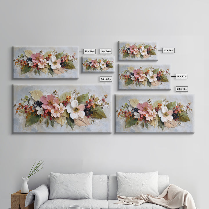 Botanical Wreath with Leaves Berries and Flowers Canvas Print, Botanical Art, Wall Art Prints, Living Room Decor, Botanic, BOT-2x1-68