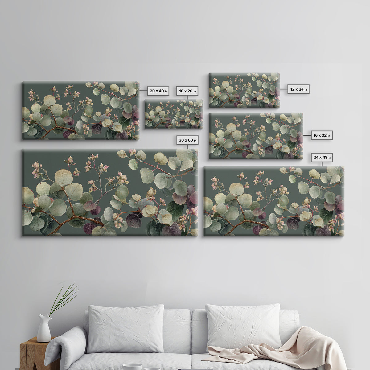 Eucalyptus Stems in Soft Sage Tones Framed Canvas Print, Botanical Art, Print, Living Room Decor, Watercolor Art, Botanic, BOT-2x1-7