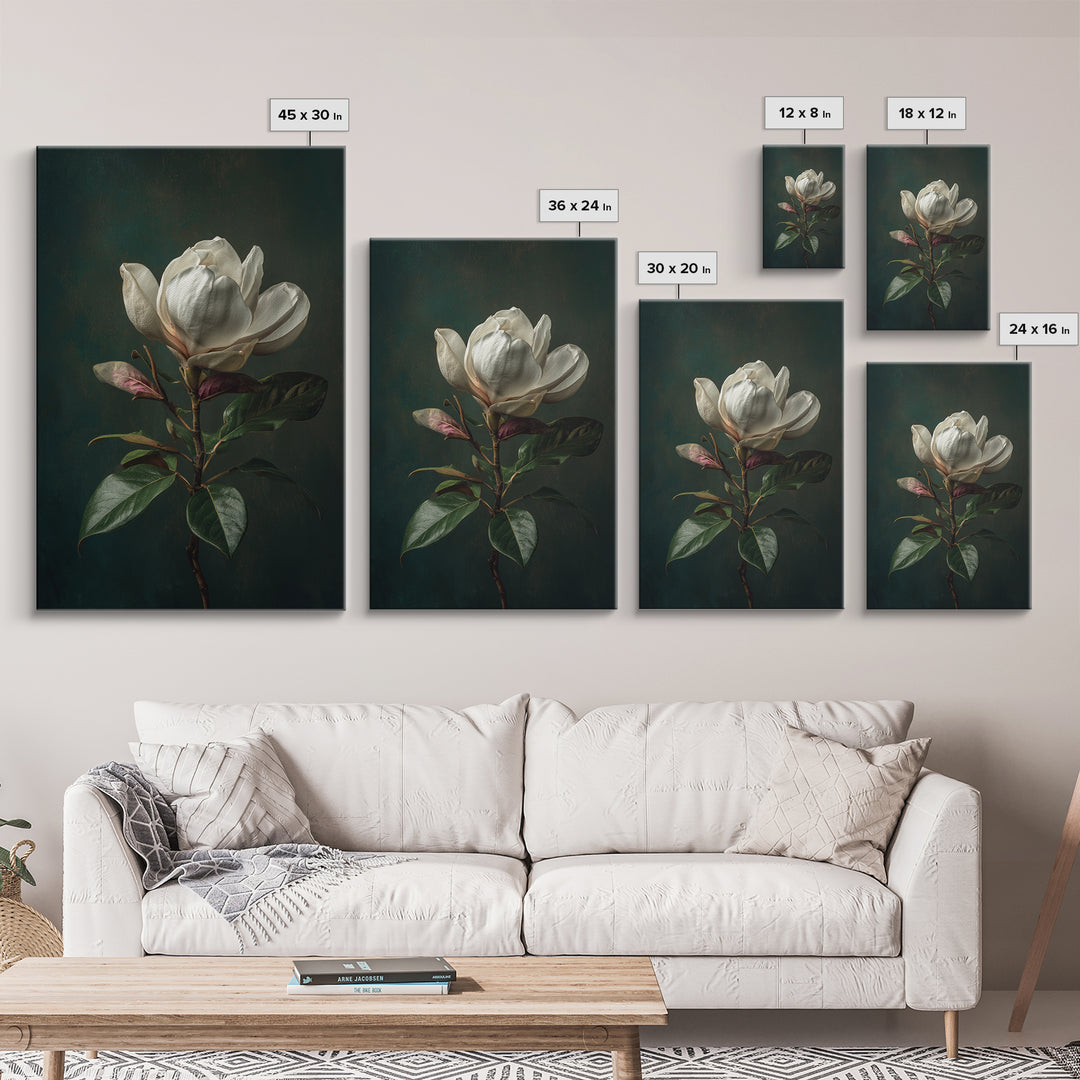 Dramatic White Magnolia on Dark Background Canvas Print, Botanical Art, Wall Art, Living Room Decor, Watercolor Art, Botanic, BOT-2x3-14