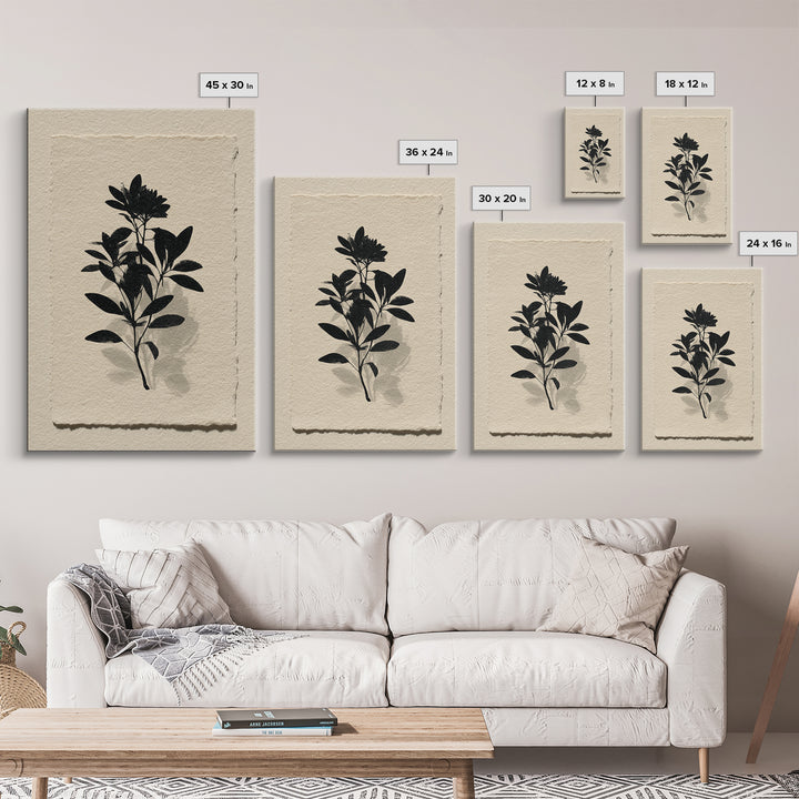Black Ink Botanical Silhouette on Cream Paper Canvas Print, Botanical Art, Living Room Decor, Watercolor Art, Botanic, BOT-2x3-29