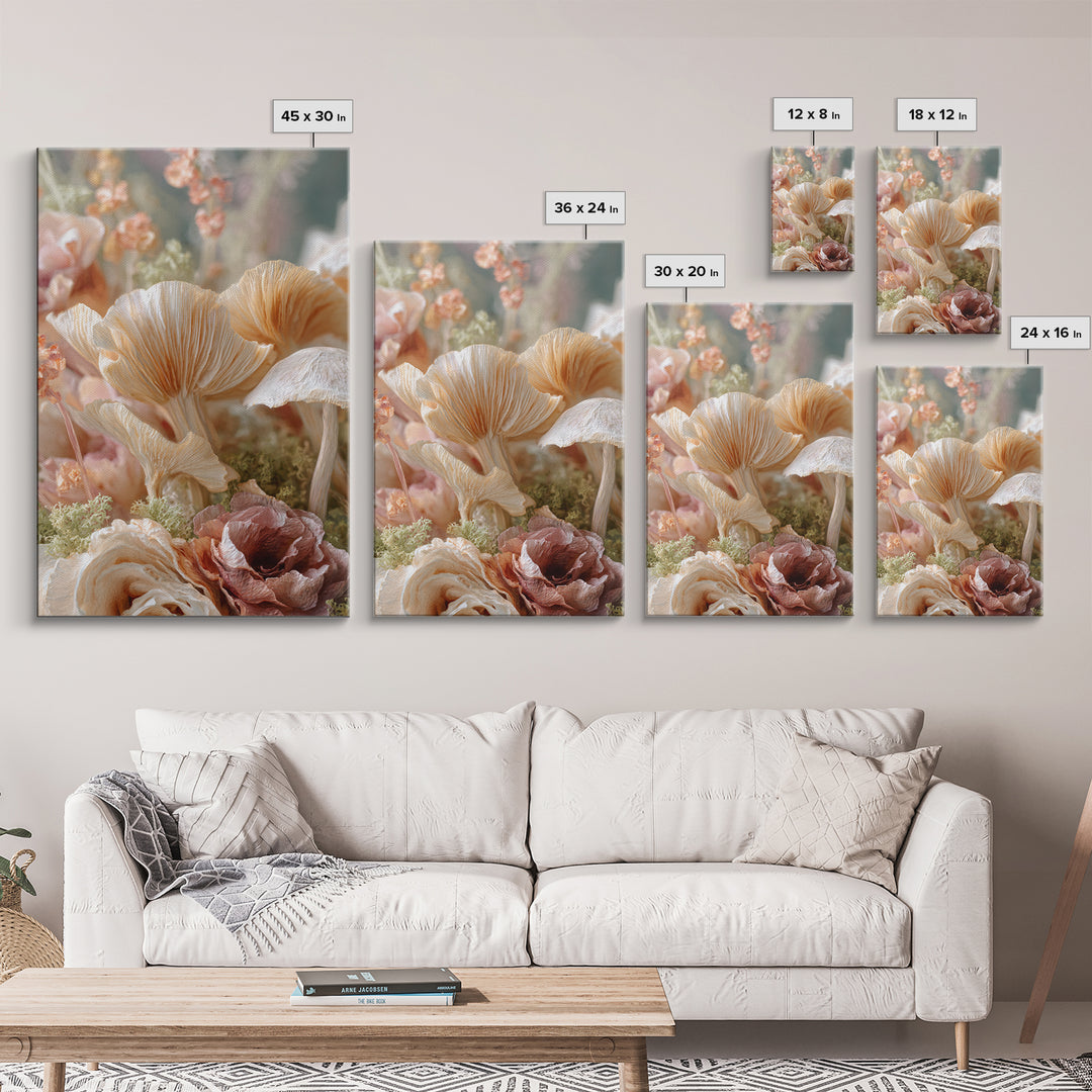 Mushrooms and Moss Botanical Field Study Framed Canvas Print, Botanical Art, Oil Painting, Living Room Decor, Fine Art, Botanic, BOT-2x3-41