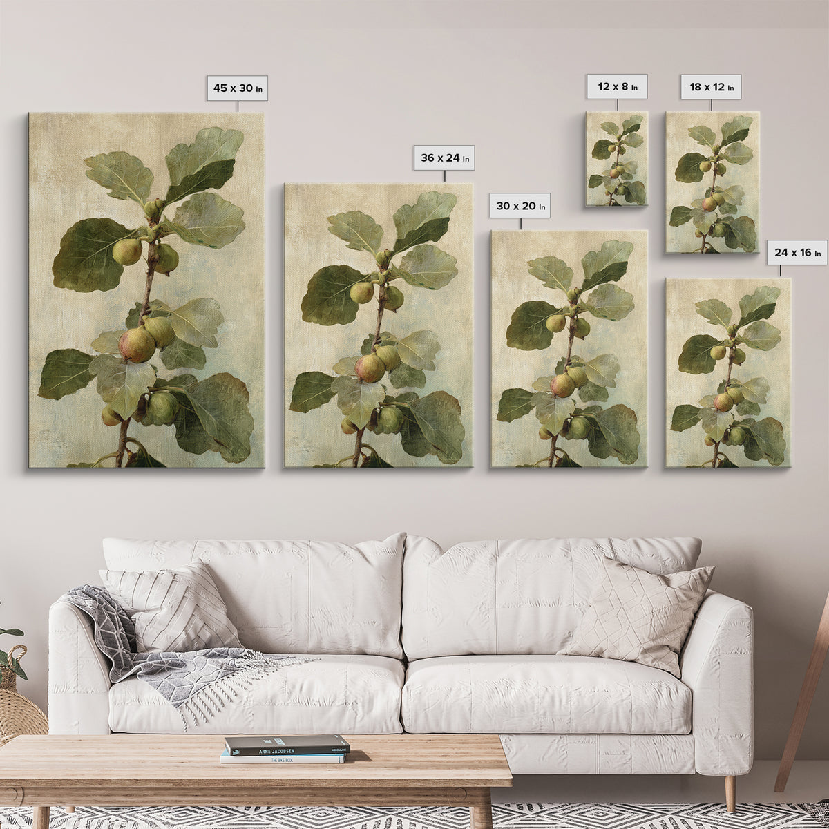 Fig Branch with Fruit and Broad Leaves Framed Canvas Print, Botanical Art, Oil Painting, Living Room Decor, Fine Art, Botanic, BOT-2x3-47