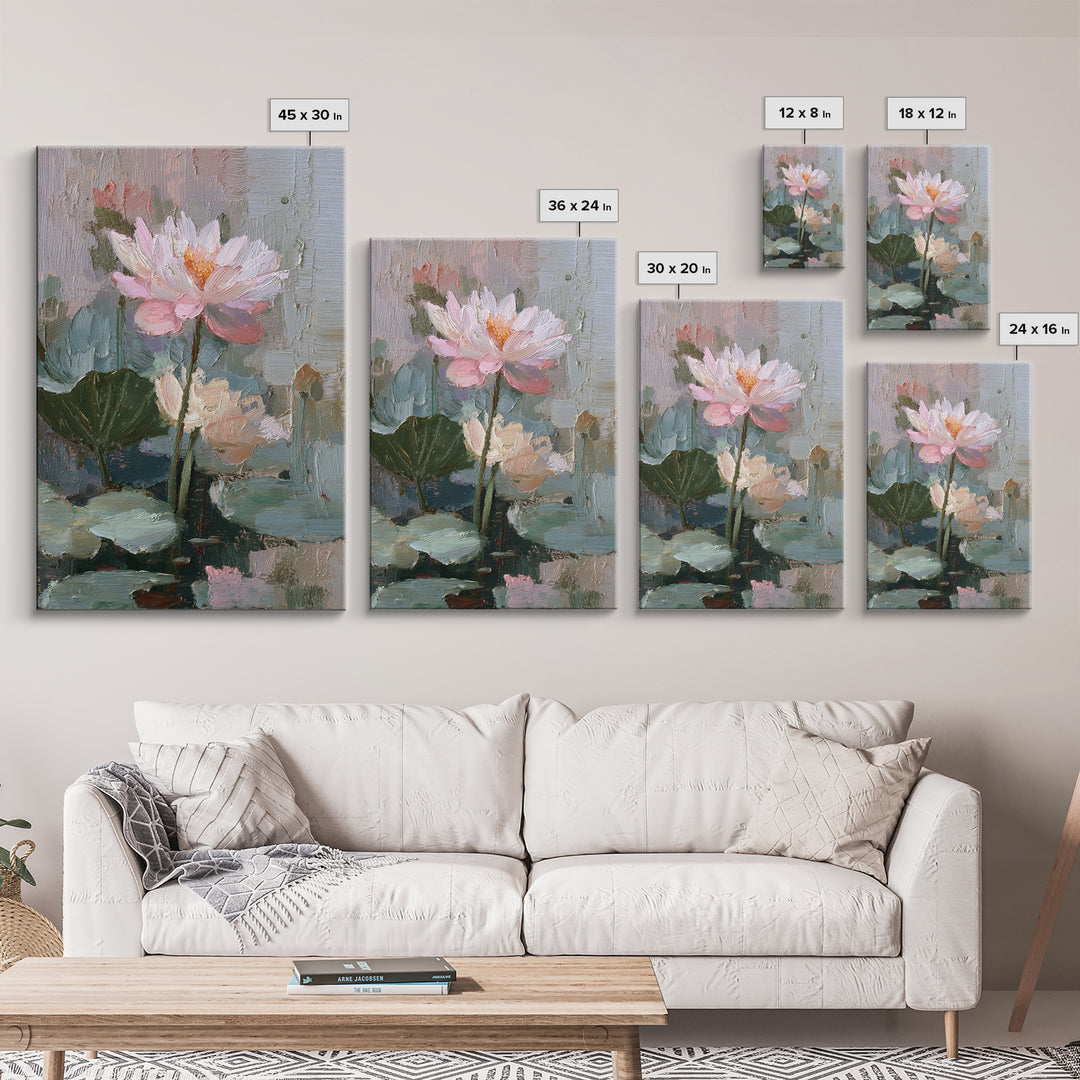 Lotus Flower and Lily Pads on Still Framed Canvas Print, Botanical Art, Living Room Decor, Watercolor Art, Botanic, BOT-2x3-75