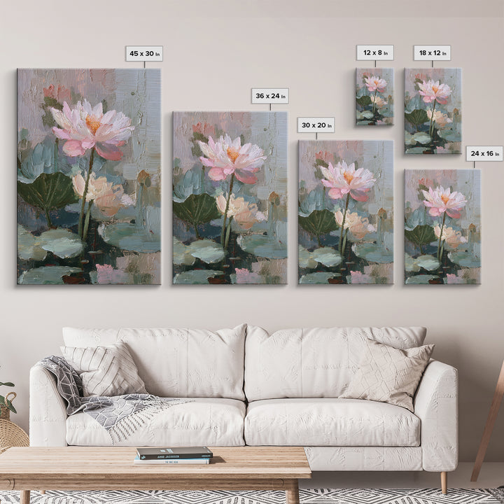 Lotus Flower and Lily Pads on Still Framed Canvas Print, Botanical Art, Living Room Decor, Watercolor Art, Botanic, BOT-2x3-75