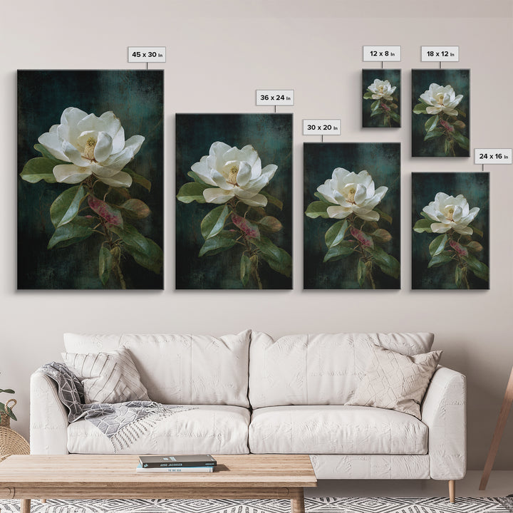 Dramatic White Magnolia on Dark Background Canvas Print, Botanical Art, Oil Painting, Living Room Decor, Fine Art, Botanic, BOT-2x3-86