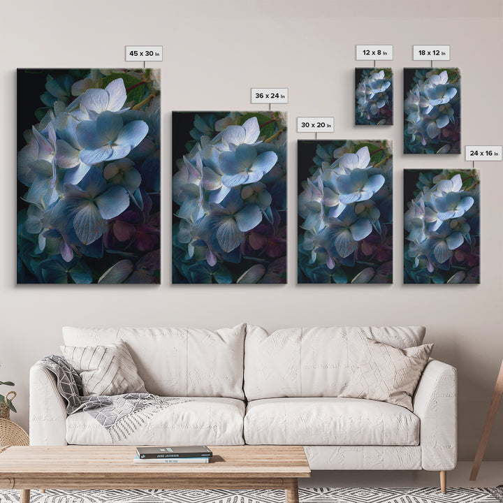 Blue Hydrangea Cluster Framed Canvas Print, Botanical Art, Wall Art Prints, Living Room Decor, Watercolor Art, Botanic, BOT-2x3-98