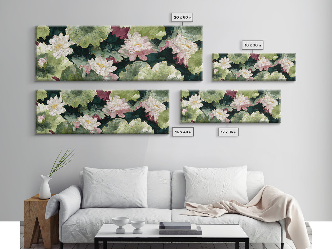 Lotus Flower and Lily Pads on Still Canvas Print, Botanical Art, Minimalist Decor, Living Room Decor, Oil Painting, Botanic, BOT-3x1-35