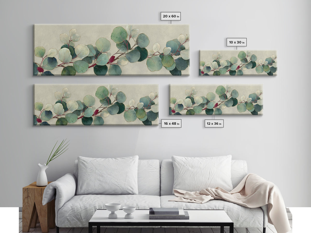 Eucalyptus Stems in Soft Sage Tones Framed Canvas Print, Botanical Art, Living Room Decor, Oil Painting, Botanic, BOT-3x1-51