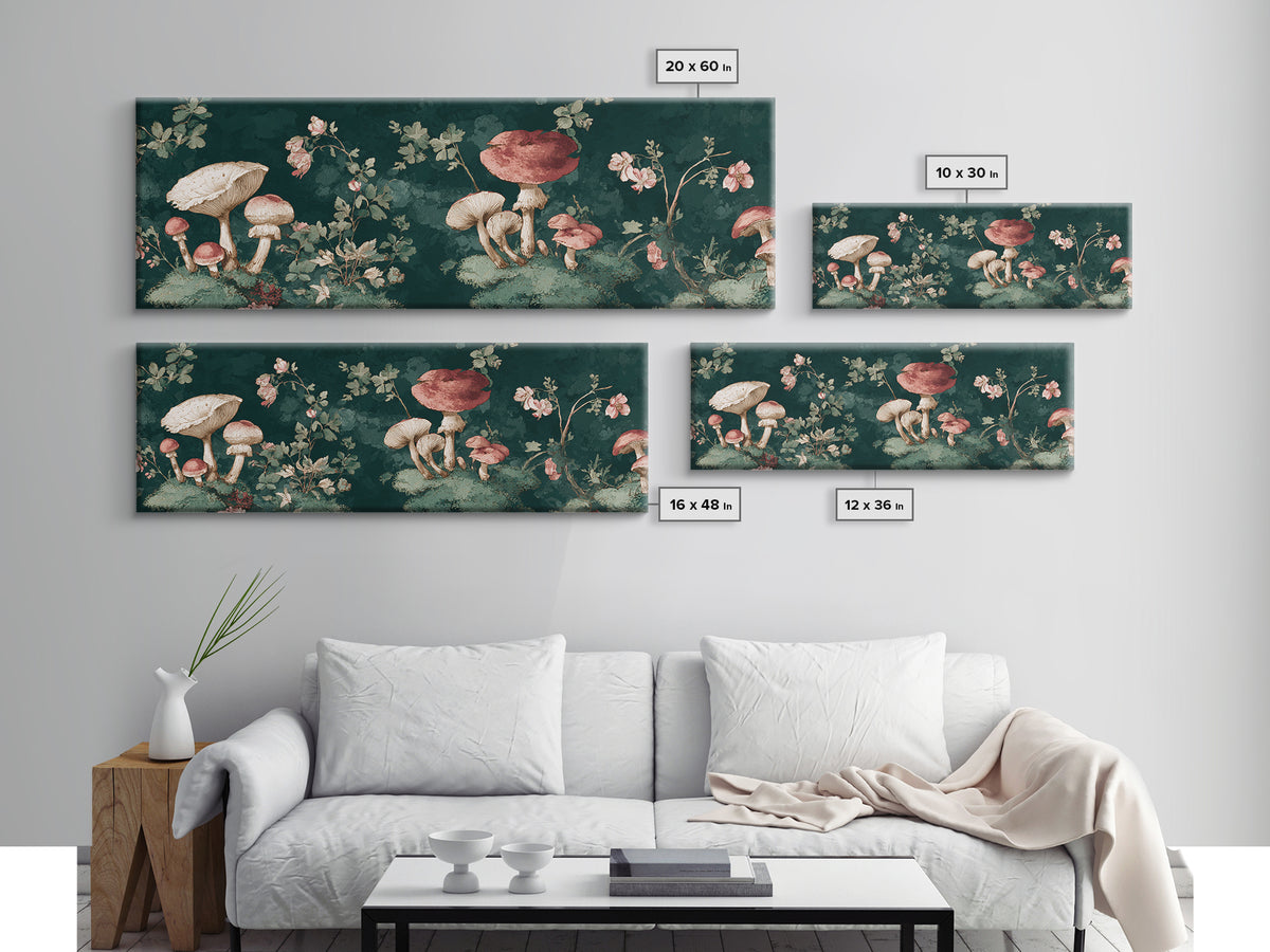 Mushrooms and Moss Botanical Field Study Framed Canvas Print, Botanical Art, Neutral Decor, Living Room Decor, Oil Painting, BOT-3x1-73
