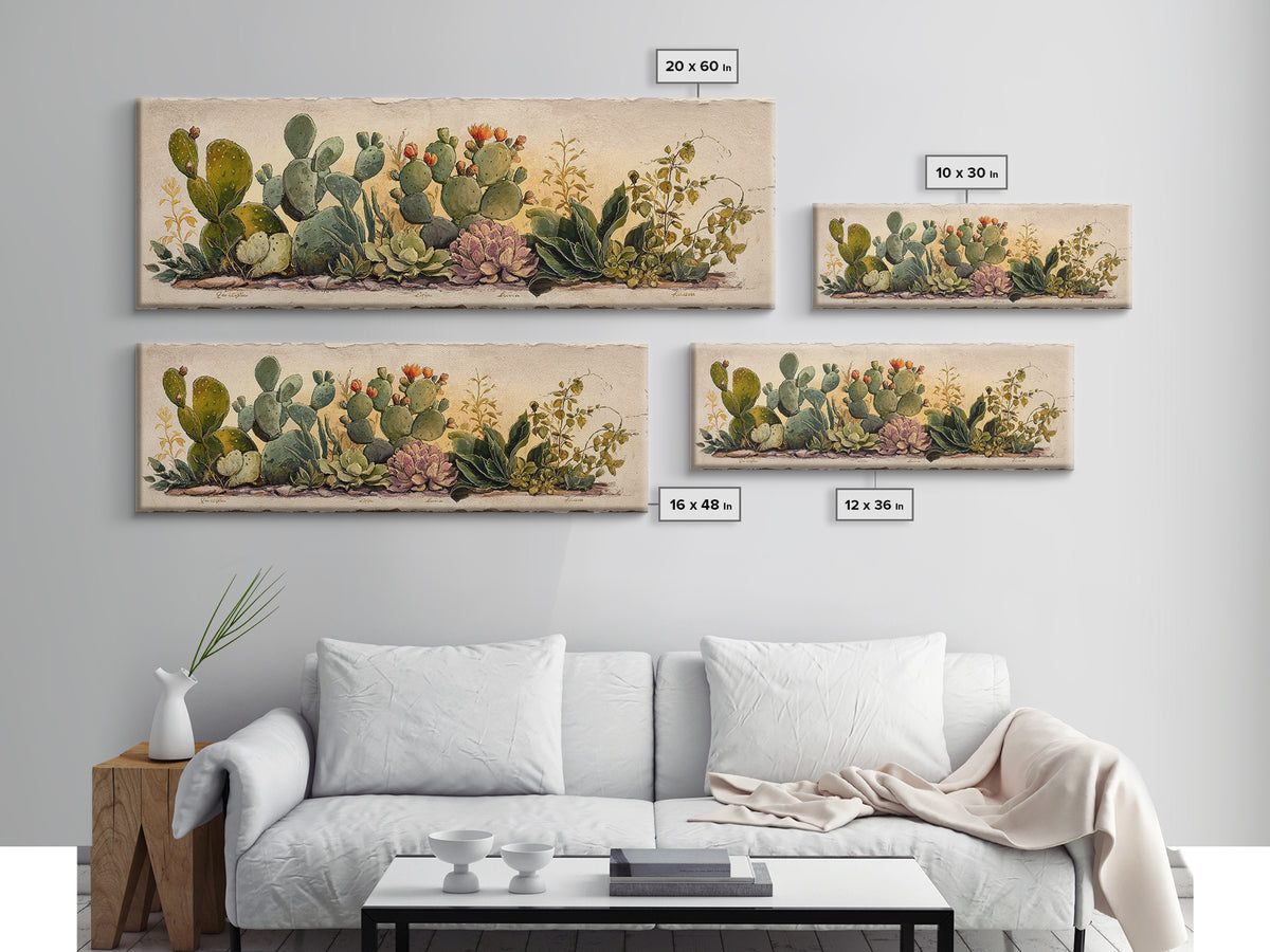 Cactus Botanical Plate Framed Canvas Print, Botanical Art, Sage Green Wall Art, Living Room Decor, Oil Painting, Botanic, BOT-3x1-77