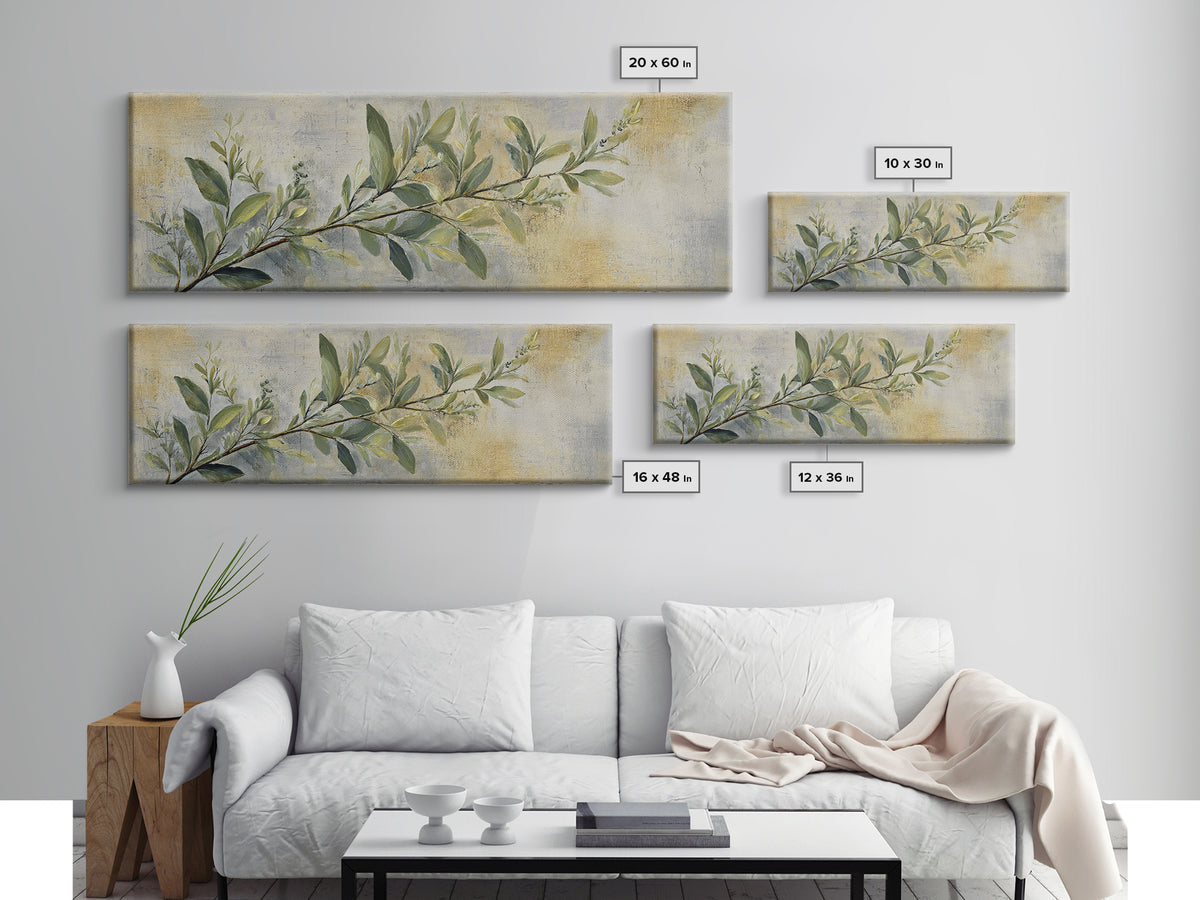 Eucalyptus Stems in Soft Sage Tones Framed Canvas Print, Botanical Art, Living Room Decor, Oil Painting, Botanic, BOT-3x1-99