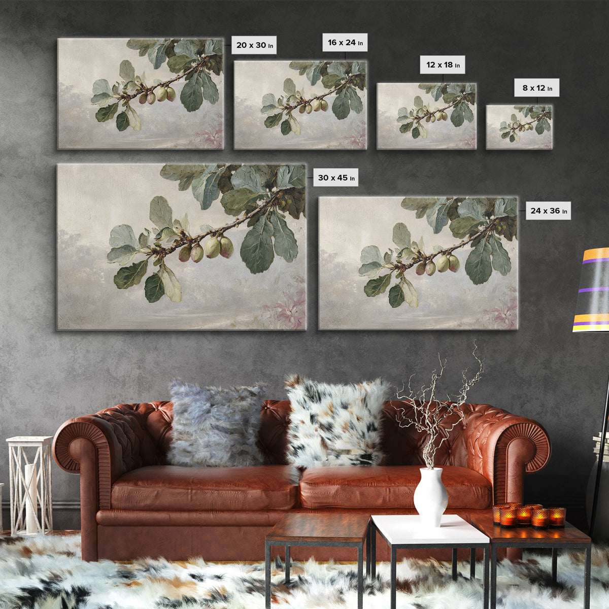 Fig Branch with Fruit and Broad Leaves Framed Canvas Print, Botanical Art, Statement Artwork, Living Room Decor, Botanic, BOT-3x2-19