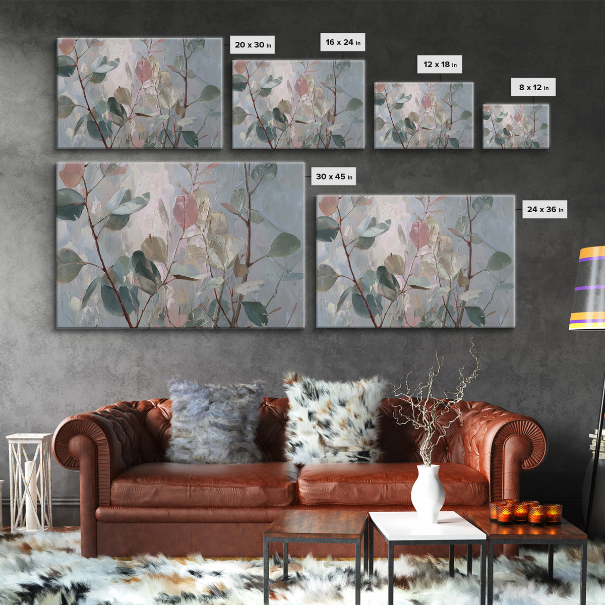 Eucalyptus Stems in Soft Sage Tones Framed Canvas Print, Botanical Art, Whimsical Decor, Living Room Decor, Oil Painting, BOT-3x2-63