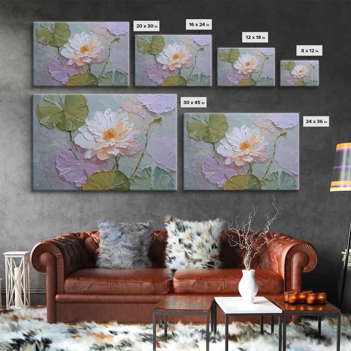 Lotus Flower and Lily Pads on Still Framed Canvas Print, Botanical Art, Living Room Wall Art, Living Room Decor, Botanic, BOT-3x2-71