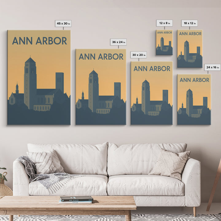 Ann Arbor Travel Poster, Framed Canvas Print, Sunset Skyline Wall Art, Ann Arbor Wall Art, Travel Wall Art, City Illustration, Wall Art