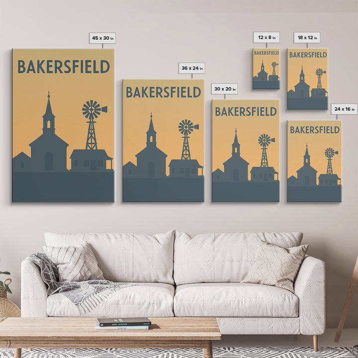 Bakersfield Travel Poster, Framed Canvas Print, Sunset Skyline Wall Art, Bakersfield Wall Art, Wanderlust Decor, Travel Wall Decor
