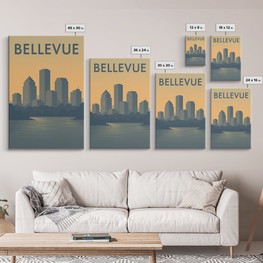 Bellevue Travel Poster, Canvas Print, Mid Century Travel Art, Bellevue Art Print, Travel Art Print, City Illustration, Living Room Wall Art
