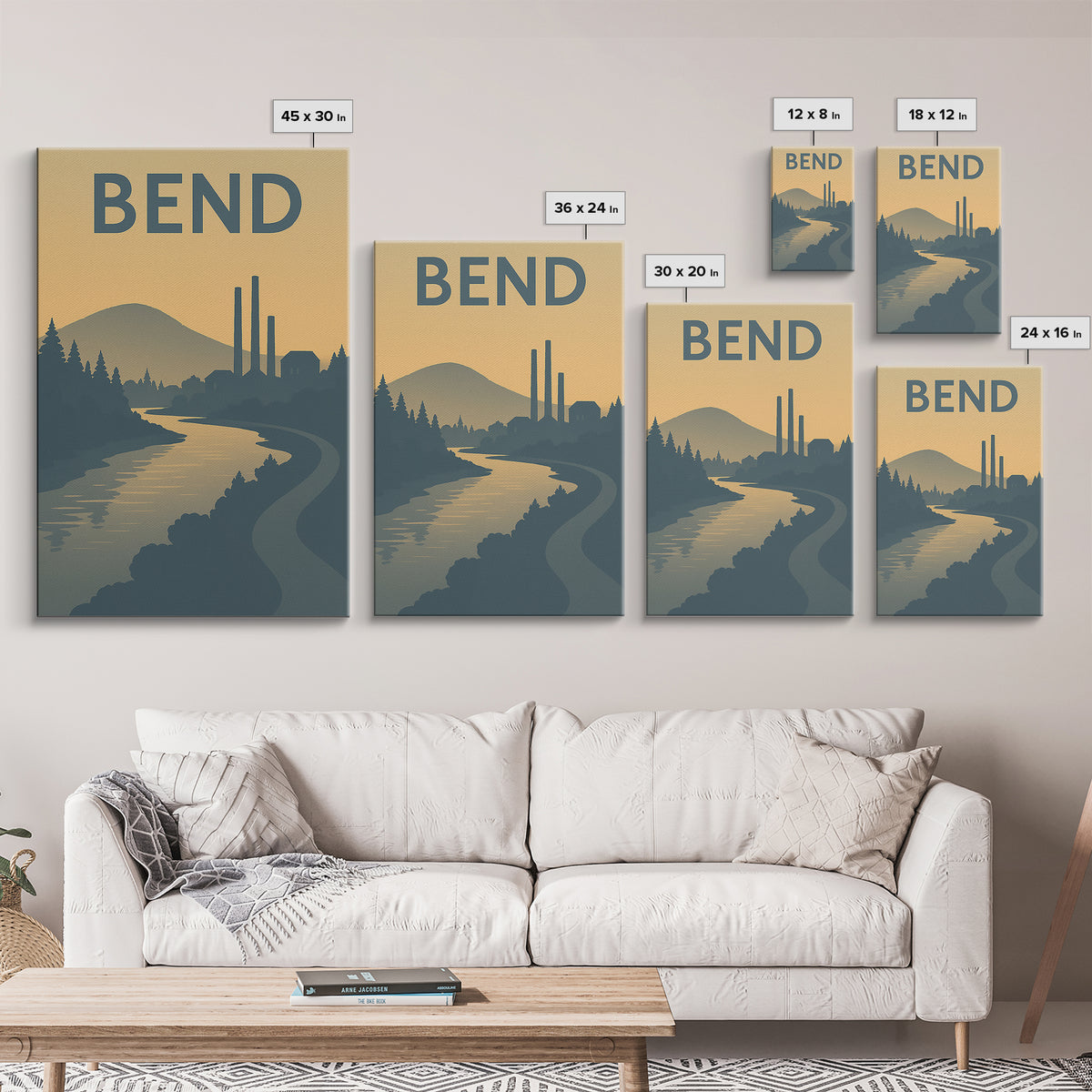 Bend Oregon Travel Poster, Canvas Print, Minimalist Retro Wall Art, Bend Wall Art, Wanderlust Decor, Gift For Travelers, City Art Print