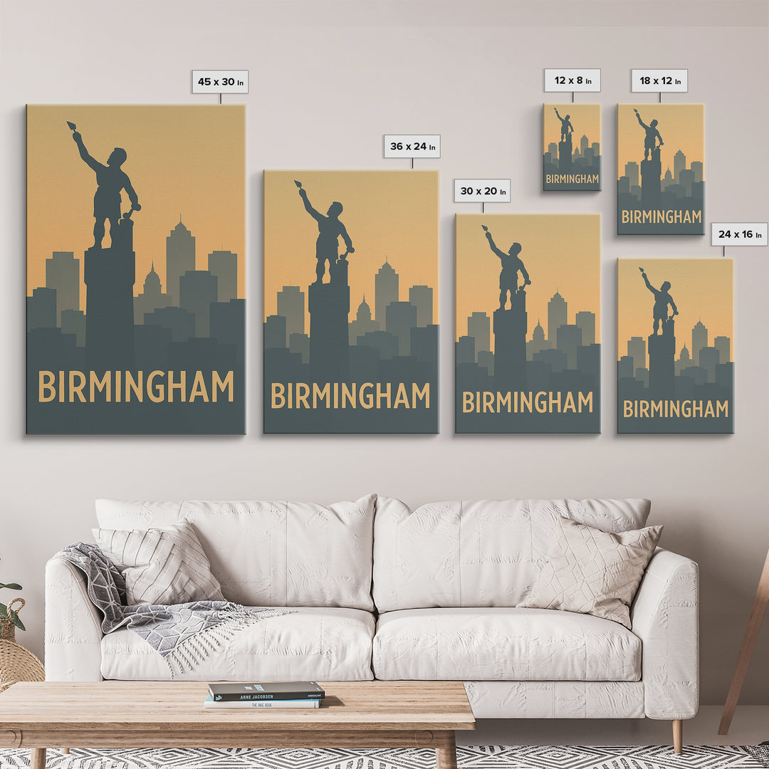 Birmingham Travel Poster, Framed Canvas Print, Sunset Skyline Wall Art, Birmingham Poster Print, City Art Print, Vintage City Art