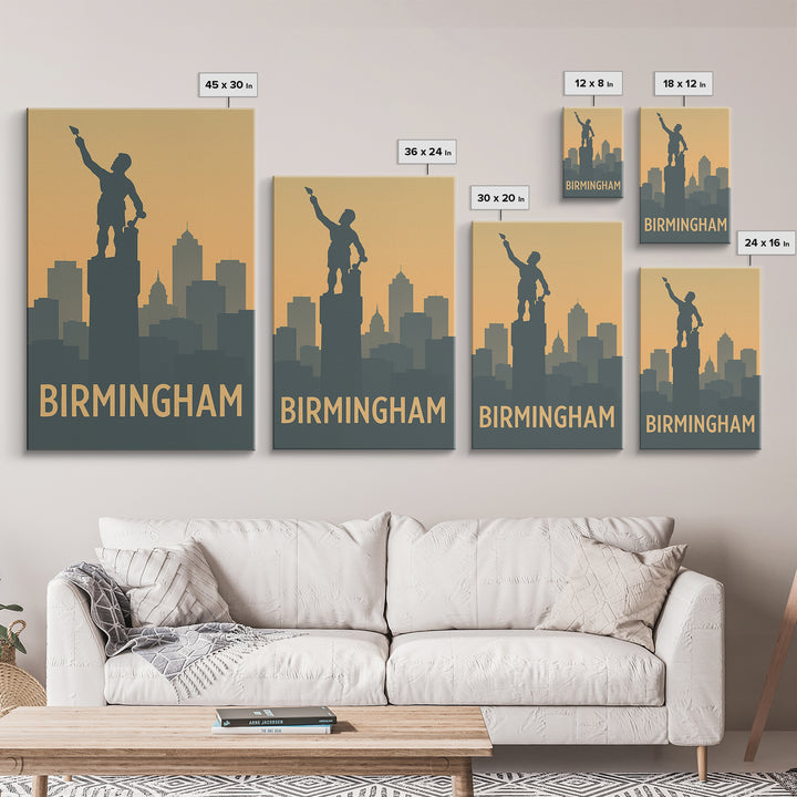 Birmingham Travel Poster, Framed Canvas Print, Sunset Skyline Wall Art, Birmingham Poster Print, City Art Print, Vintage City Art
