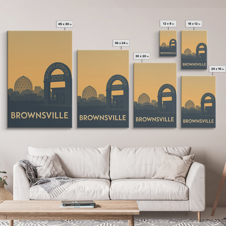 Brownsville Texas Travel Poster, Framed Canvas Print, Sunset Skyline Wall Art, Brownsville Travel Art, Travel Art Print, Home Office Decor