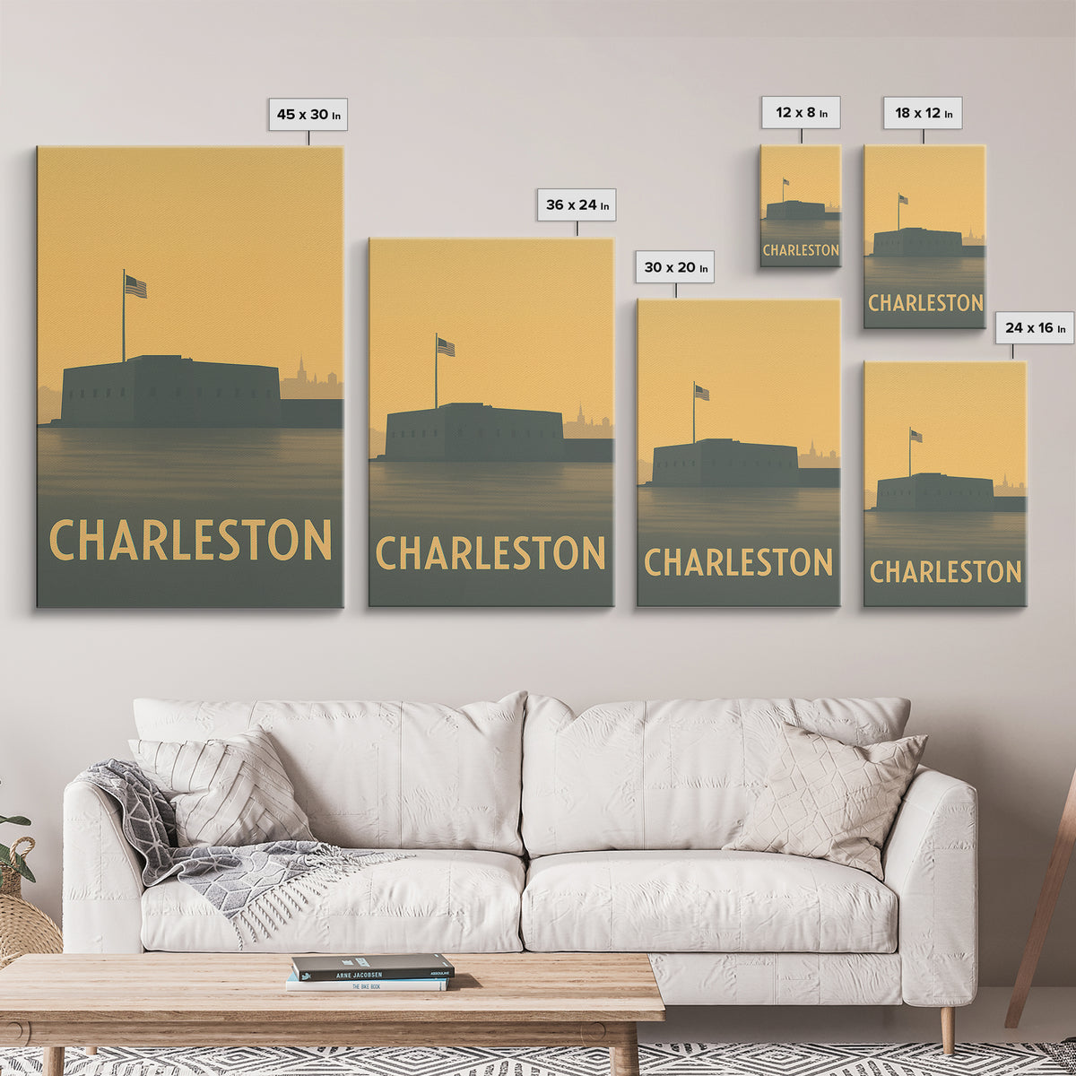 Charleston Travel Poster, Framed Canvas Print, Sunset Skyline Wall Art, Charleston City Art, Home Office Decor, Wanderlust Decor