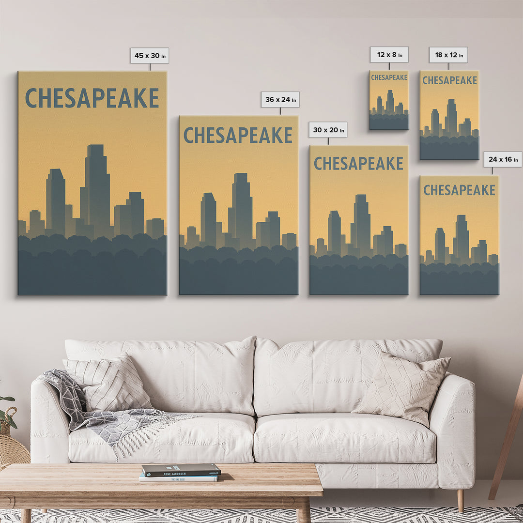 Chesapeake Virginia Travel Poster, Framed Canvas Print, Sunset Skyline Wall Art, Chesapeake Wall Art, Retro Travel Print, Home Office Decor