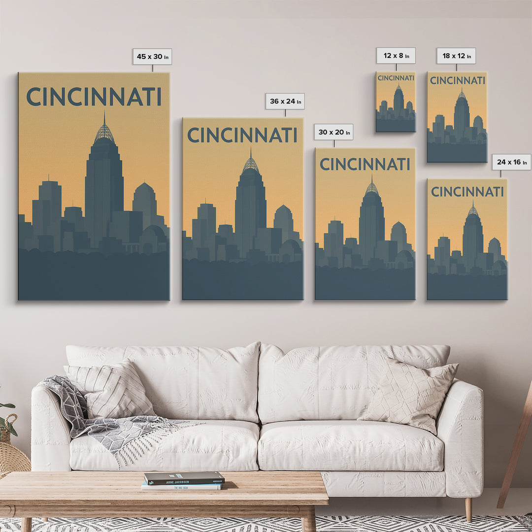 Cincinnati Ohio Travel Poster, Framed Canvas Print, Sunset Skyline Wall Art, Cincinnati Poster Print, Retro Travel Print, Home Office Decor