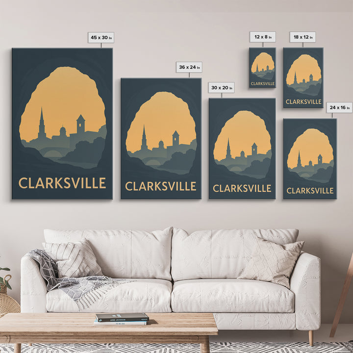 Clarksville Tennessee Travel Poster, Canvas Print, Sunset Skyline Wall Art, Clarksville Wall Art, City Travel Prints, Mid Century Wall Art