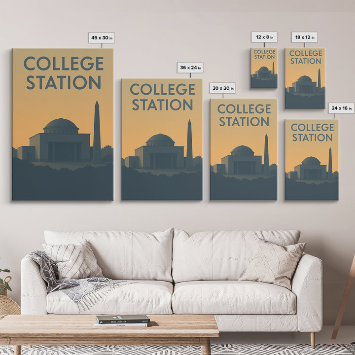 College Station Texas Travel Poster, Canvas Print, Sunset Skyline Wall Art, College Station Wall Art, Travel Art Print, Vintage City Art