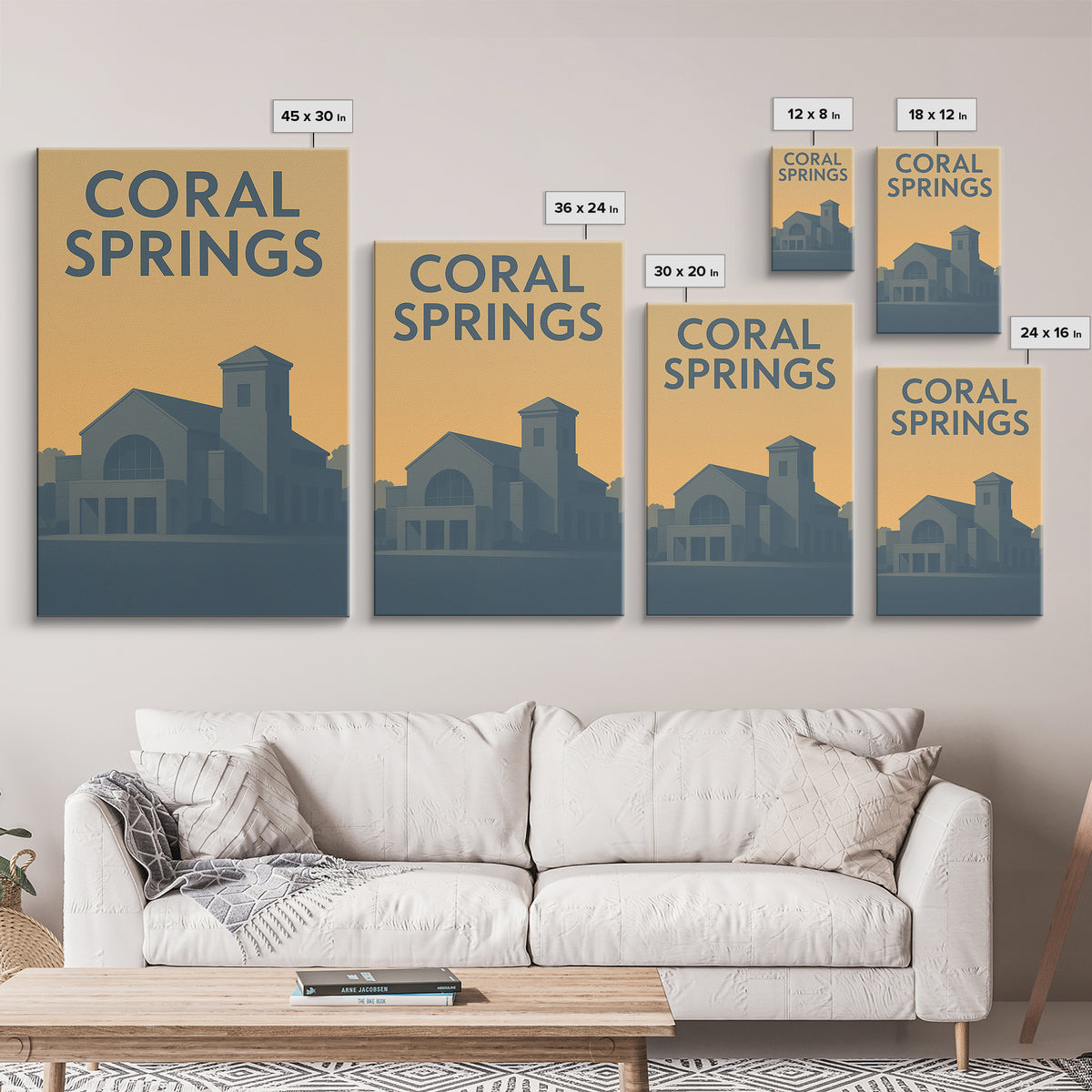 Coral Springs Travel Poster, Framed Canvas Print, Sunset Skyline Wall Art, Coral Springs Wall Art, City Travel Prints, City Illustration