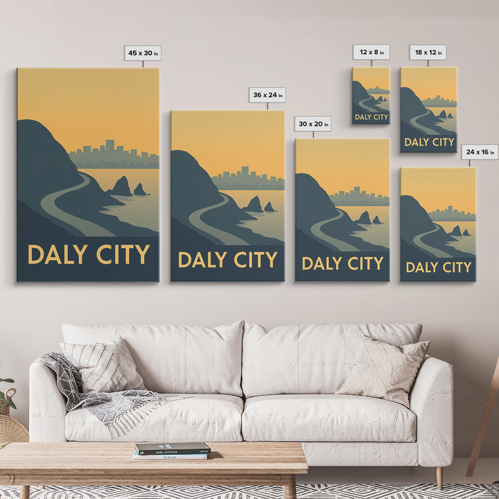 Daly City Travel Poster, Framed Canvas Print, Mid Century Travel Art, Daly City City Art, Travel Poster Set, City Travel Prints