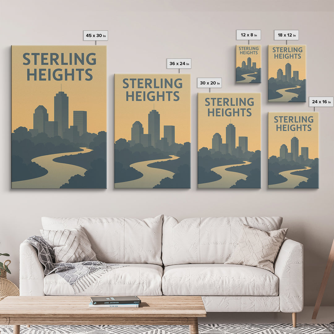 Sterling Heights Travel Poster, Canvas Print, Sunset Skyline Wall Art, Sterling Heights Travel Art, Watercolor Urban Skyline, Office Decor